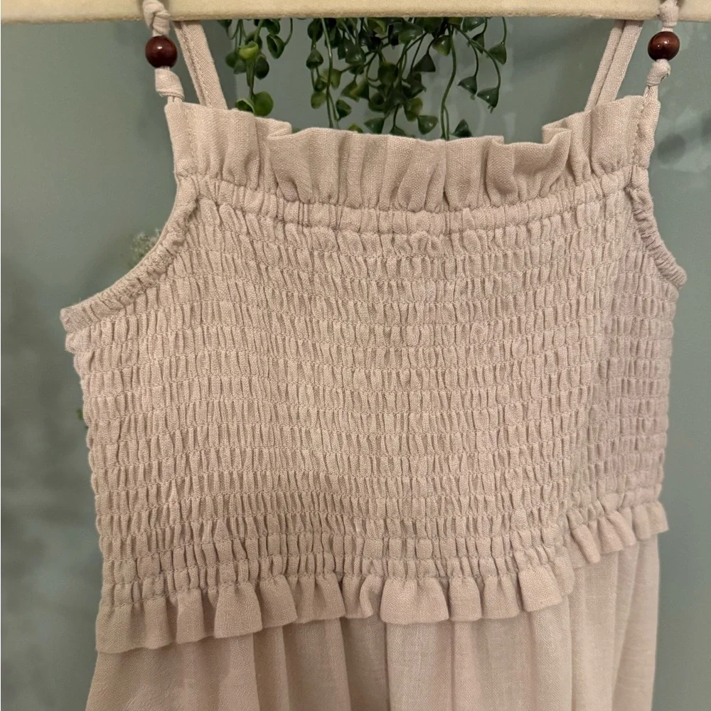 Zara Khaki Linen Smocked Midi Dress - Picture 5 of 9